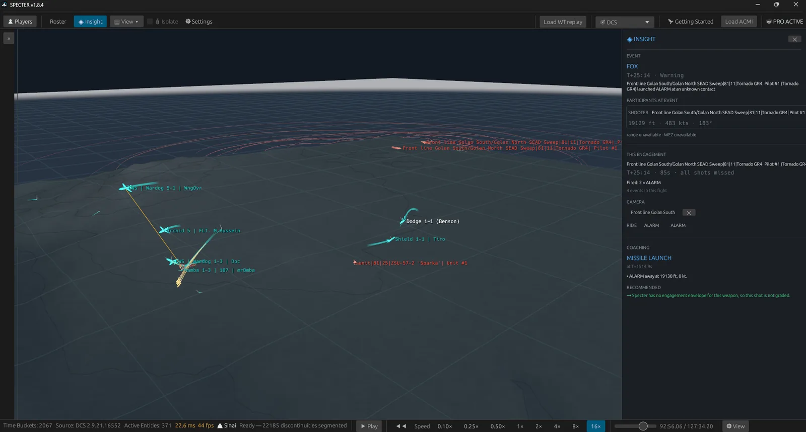 Specter's Global 3D view over Sinai with 371 contacts, threat rings and energy-coloured trails, and the Insight panel explaining an ALARM launch against an unknown contact.