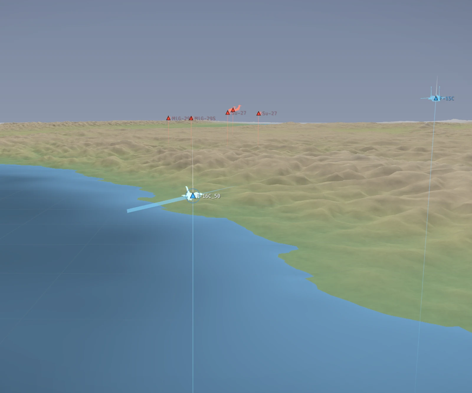 A whole mission replayed in Specter's Global 3D view over Caucasus terrain, with labelled contacts.