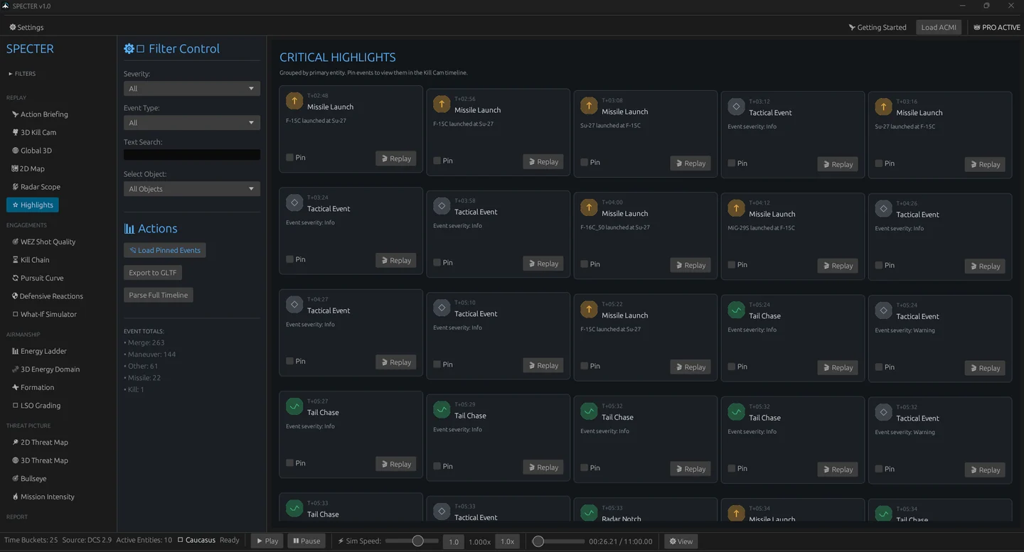 Specter's Highlights list of detected mission events.