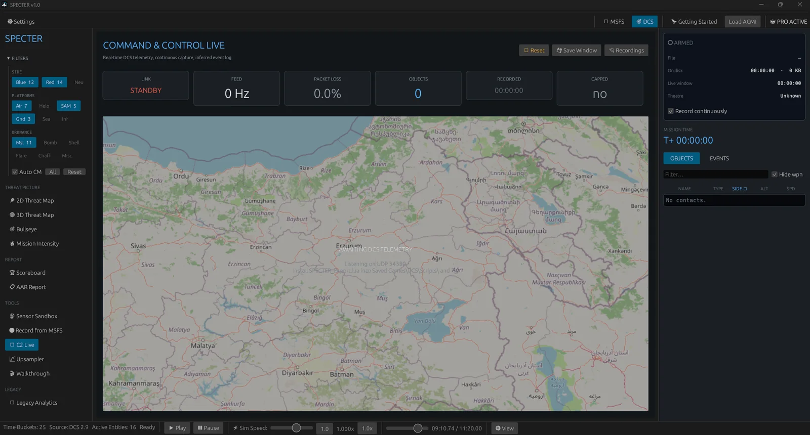 Specter's C2 Live tab receiving telemetry from a running DCS mission.