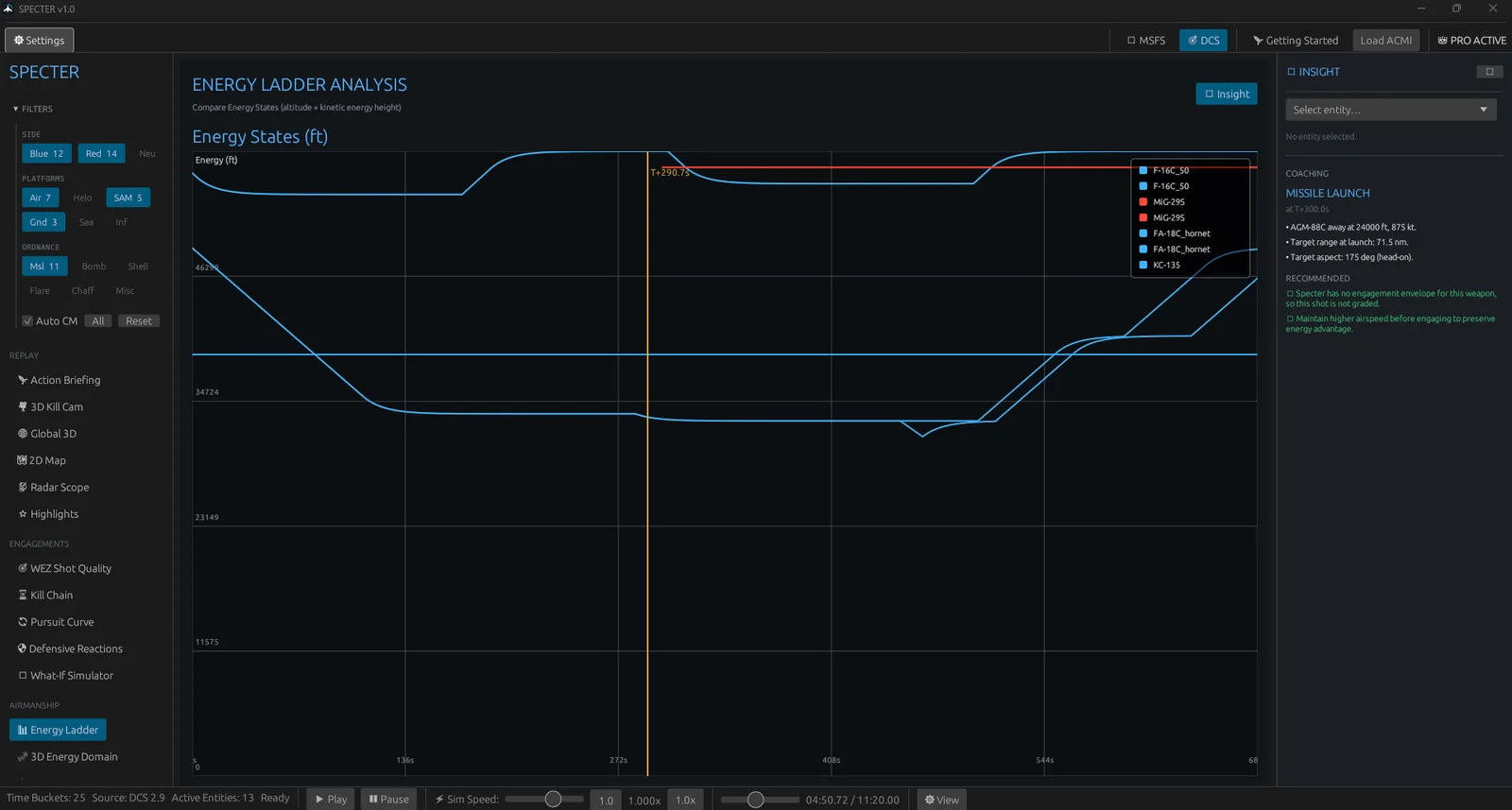 Specter's Energy Ladder comparing speed and altitude between aircraft over time.