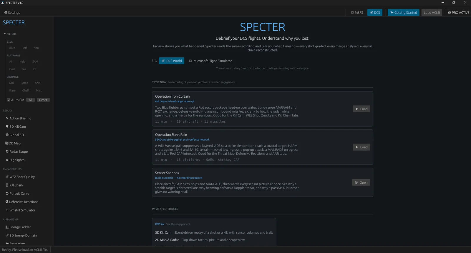 Specter's Getting Started page in DCS mode, offering bundled demo missions.