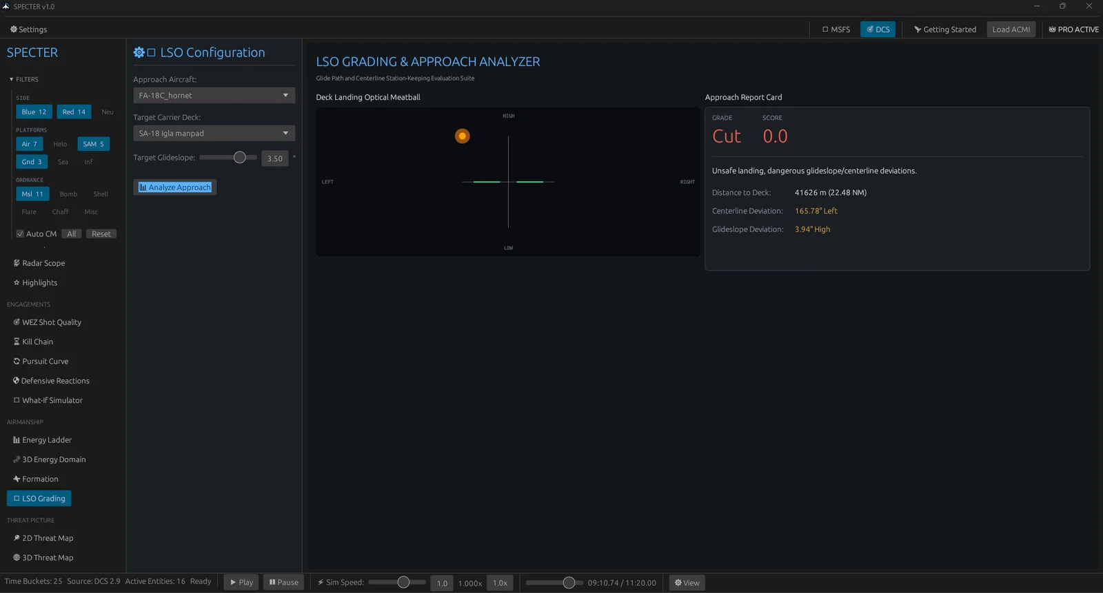 Specter's LSO Grading of a carrier approach, with glideslope and lineup deviations.