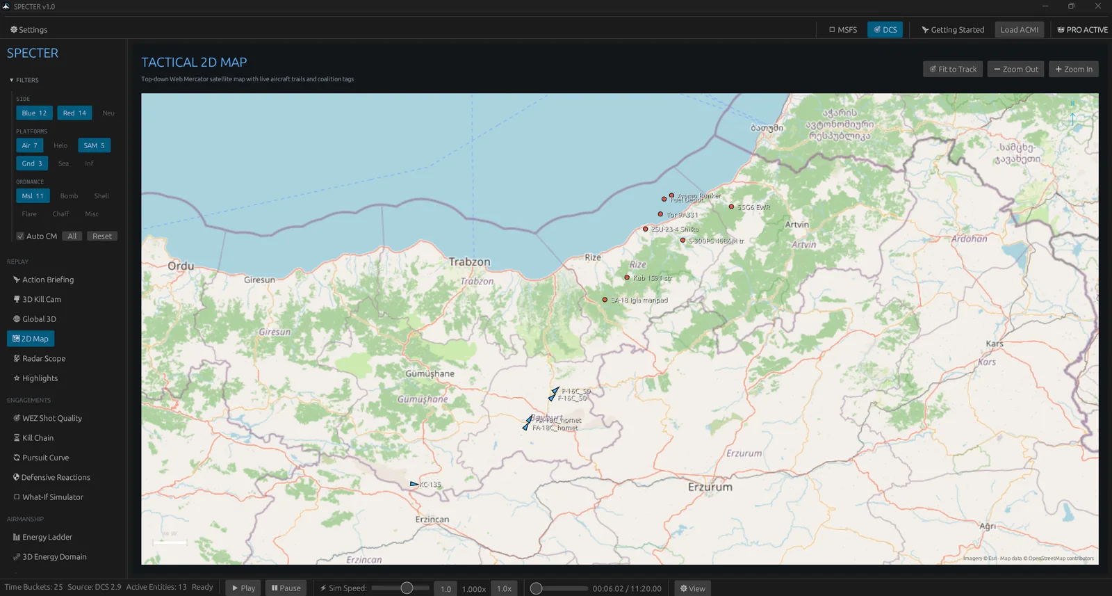 Specter's 2D tactical map with satellite imagery, aircraft tracks and a scale bar.