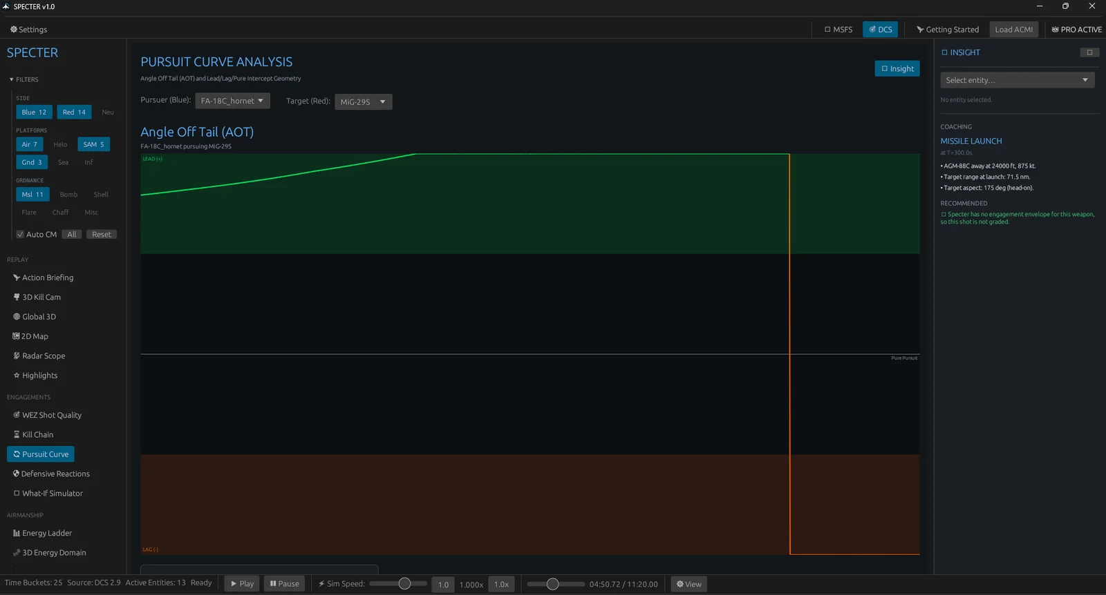 Specter's Pursuit Curve analysis showing lead, pure and lag pursuit through an engagement.