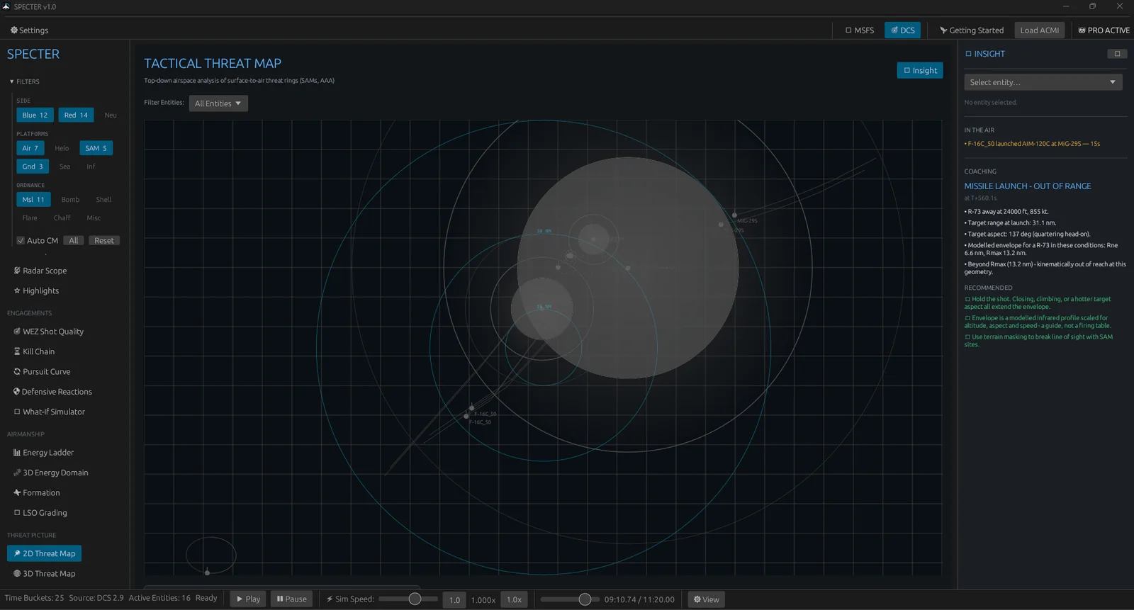 Specter's 2D Threat Map showing surface-to-air coverage against a flight route.